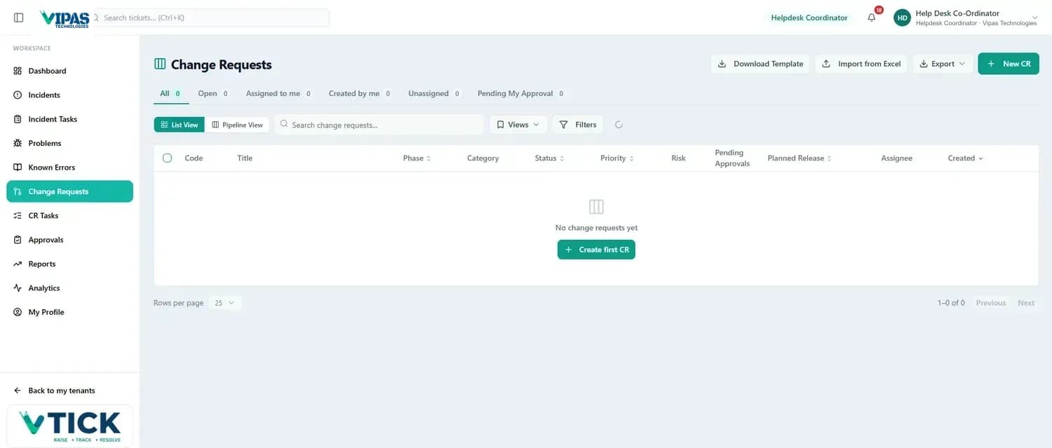 The Change Requests list in List View, with tabs for All, Open, Assigned to me, Created by me, Unassigned and Pending My Approval, and a New CR button.