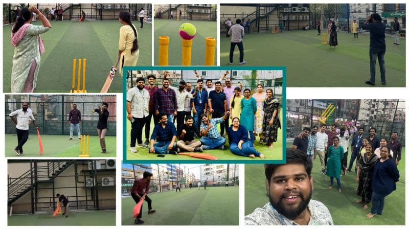 A collage of the team batting, bowling and posing together at a cricket outing